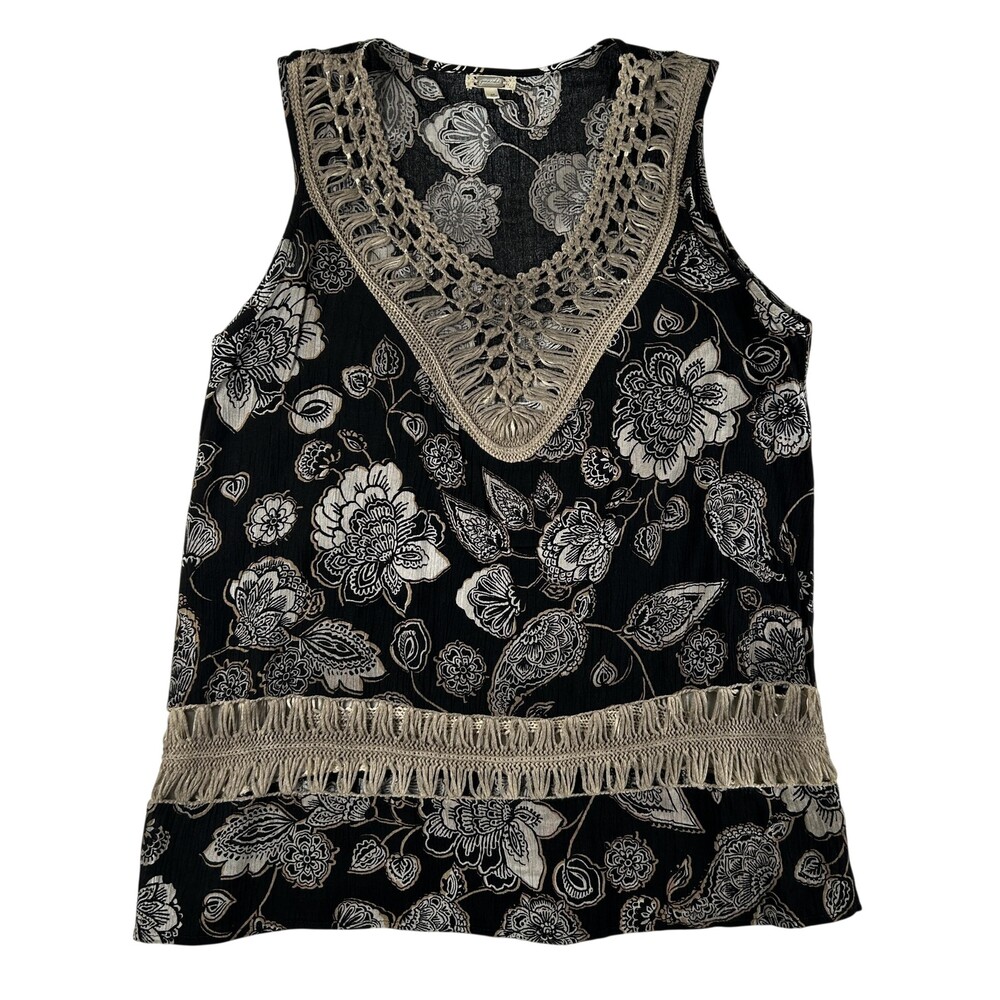 Gimmicks By BKE Tank Top Womens Medium Black Floral Crochet Fringe Tunic Boho